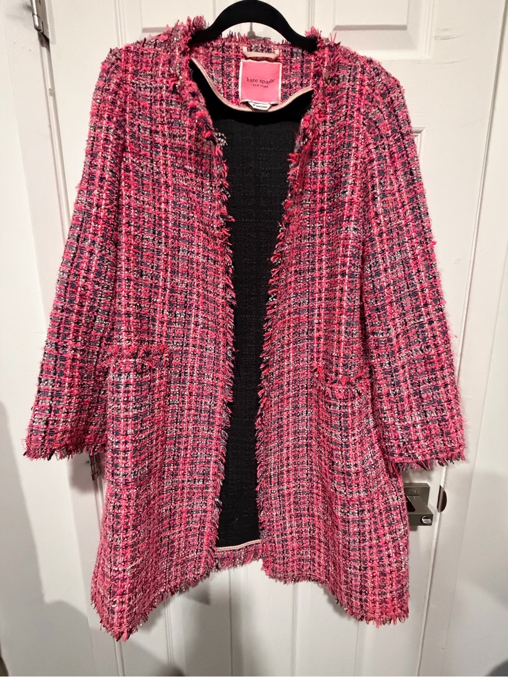 kate spade Pink Tweed Fringe Open-Front Blazer Jacket